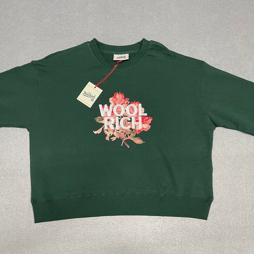 Woolrich Sweatshirt Womens‎ Large Forest Green Floral Graphic Boxy Crewneck